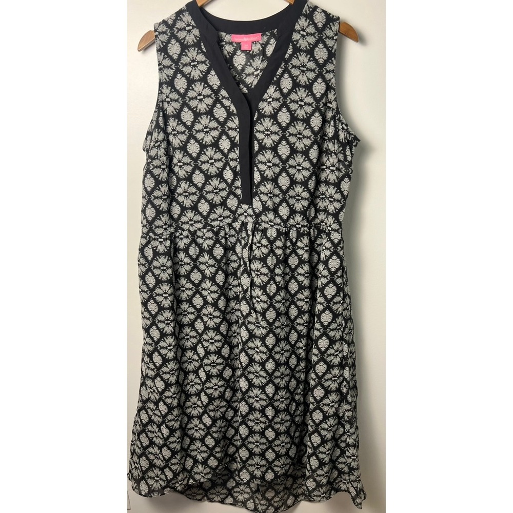 Woman Within Midi‎ Dress 16W Black White Geometric Sleeveless Drawstring Summer